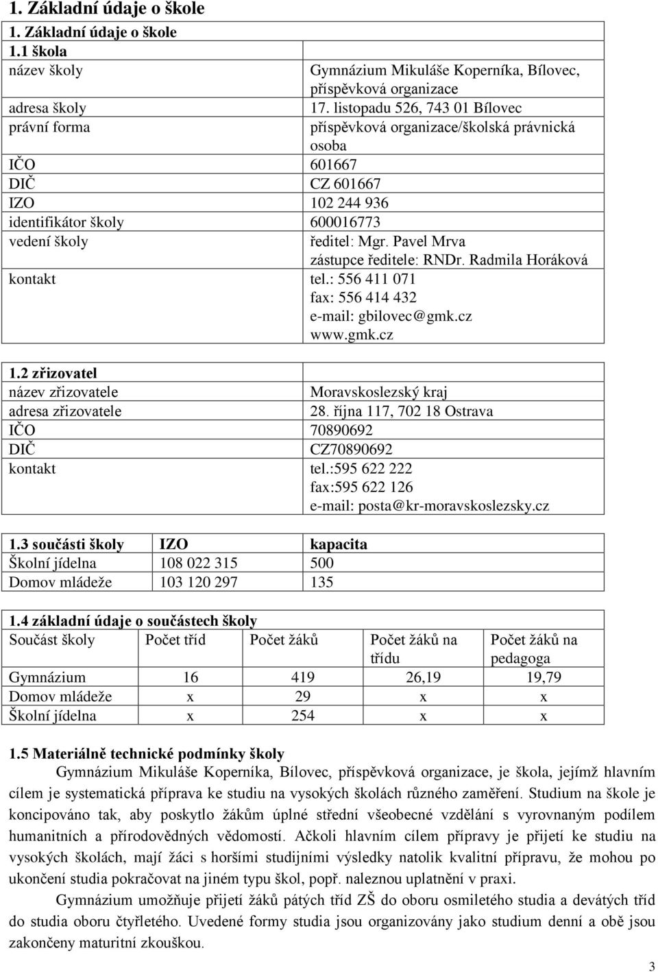 1 škola název školy adresa školy právní forma IČO 601667 DIČ CZ 601667 IZO 102 244 936 identifikátor školy 600016773 vedení školy Gymnázium Mikuláše Koperníka, Bílovec, příspěvková organizace 17.