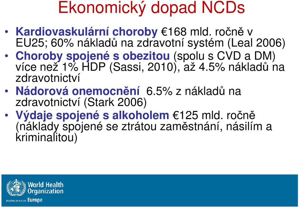 a DM) více než 1% HDP (Sassi, 2010), až 4.5% nákladů na zdravotnictví Nádorová onemocnění 6.
