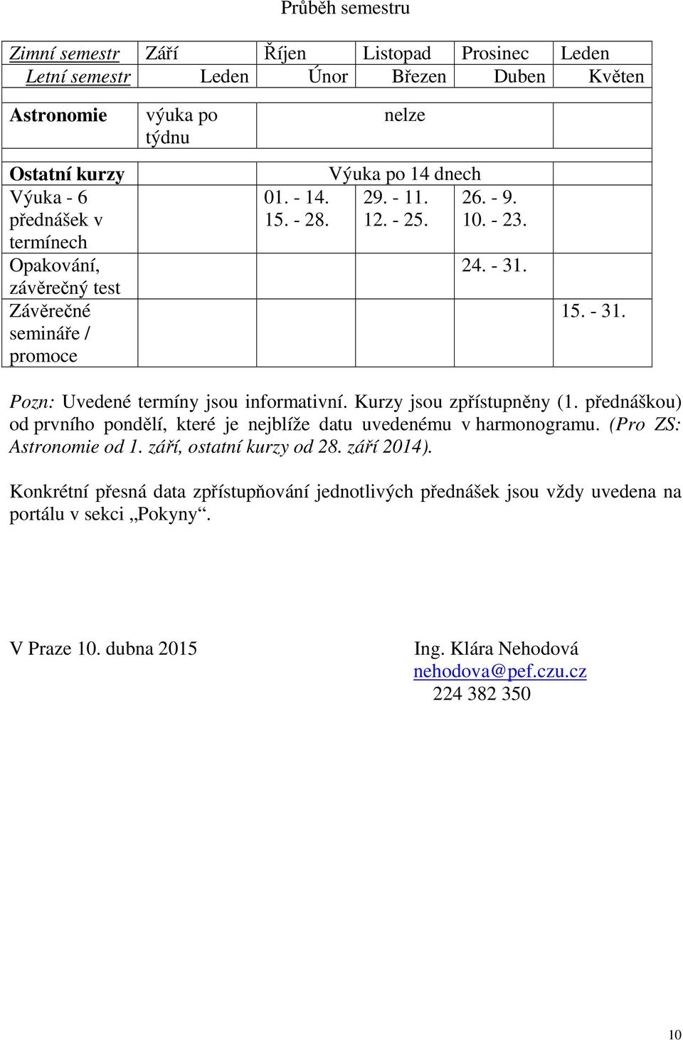 15. - 31. Pozn: Uvedené termíny jsou informativní. Kurzy jsou zpřístupněny (1. přednáškou) od prvního pondělí, které je nejblíže datu uvedenému v harmonogramu. (Pro ZS: Astronomie od 1.