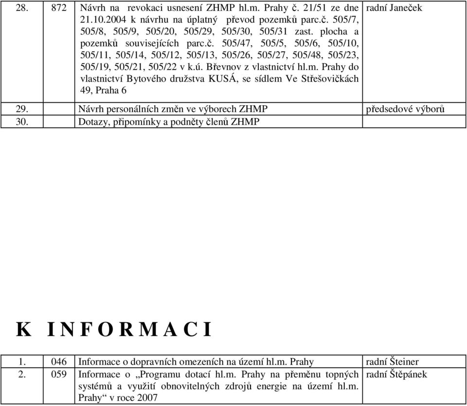 Návrh personálních změn ve výborech ZHMP předsedové výborů 30. Dotazy, připomínky a podněty členů ZHMP K I N F O R M A C I 1. 046 Informace o dopravních omezeních na území hl.m. Prahy radní Šteiner 2.