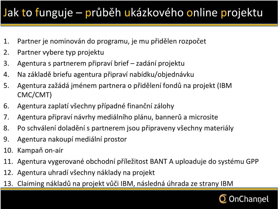 Agentura připraví návrhy mediálního plánu, bannerů a microsite 8. Po schválení doladění s partnerem jsou připraveny všechny materiály 9. Agentura nakoupí mediální prostor 10. Kampaň on-air 11.