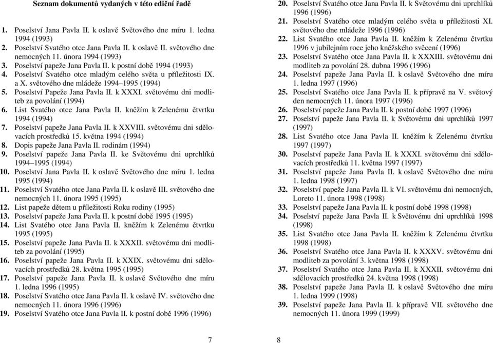 světového dne mládeže 1994 1995 (1994) 5. Poselství Papeže Jana Pavla II. k XXXI. světovému dni modliteb za povolání (1994) 6. List Svatého otce Jana Pavla II. kněžím k Zelenému čtvrtku 1994 (1994) 7.