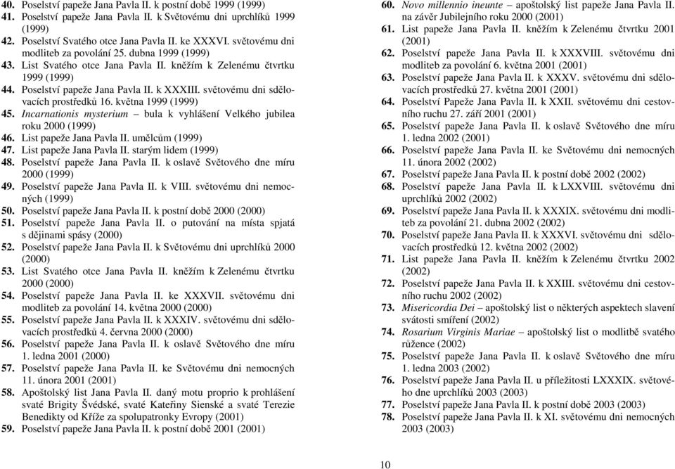 světovému dni sdělovacích prostředků 16. května 1999 (1999) 45. Incarnationis mysterium bula k vyhlášení Velkého jubilea roku 2000 (1999) 46. List papeže Jana Pavla II. umělcům (1999) 47.