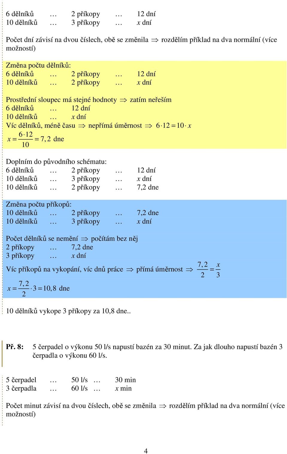 příkopů: 10 dělníků 2 příkopy 7,2 dne 10 dělníků příkopy dní Počet dělníků se nemění počítám bez něj 2 příkopy 7,2 dne příkopy dní Víc příkopů na vykopání, víc dnů práce přímá úměrnost 7, 2 7, 2 10,8