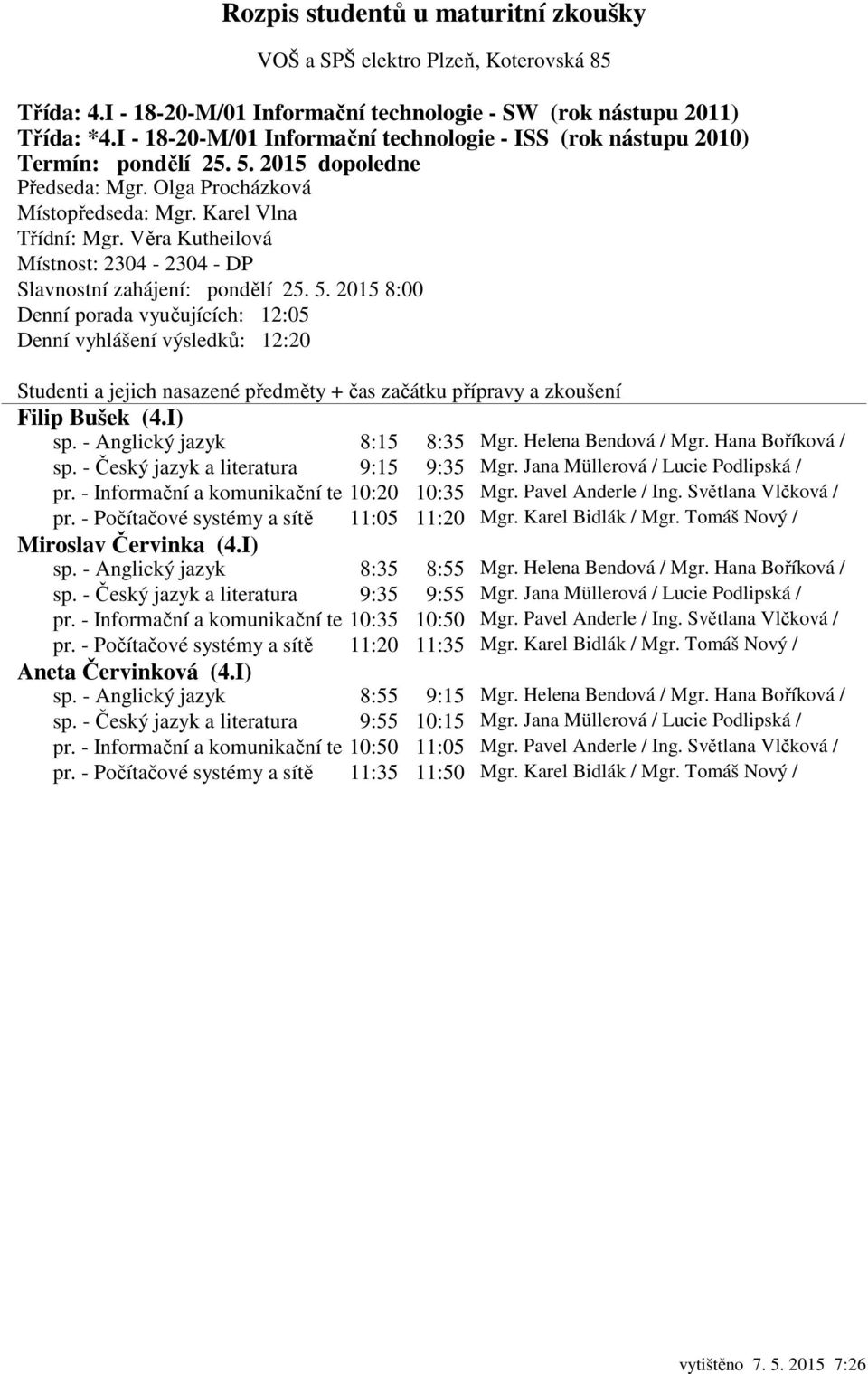 - Počítačové systémy a sítě 11:05 11:20 Mgr. Karel Bidlák / Mgr. Tomáš Nový / Miroslav Červinka (4.I) sp. - Anglický jazyk 8:35 8:55 Mgr. Helena Bendová / Mgr. Hana Boříková / sp.