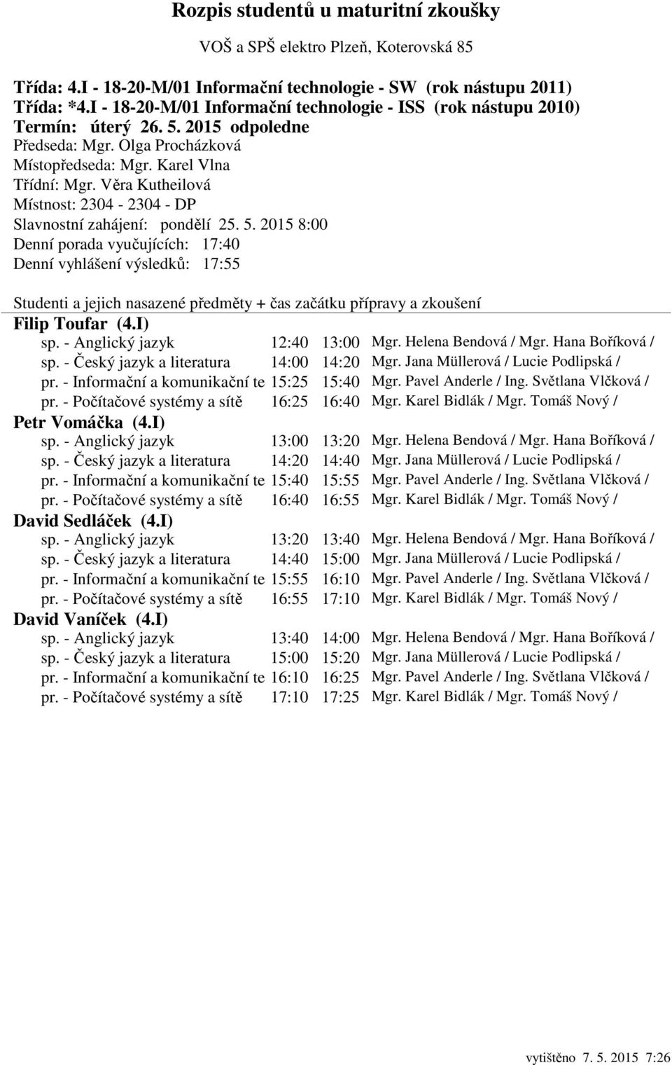 - Počítačové systémy a sítě 16:25 16:40 Mgr. Karel Bidlák / Mgr. Tomáš Nový / Petr Vomáčka (4.I) sp. - Anglický jazyk 13:00 13:20 Mgr. Helena Bendová / Mgr. Hana Boříková / sp.