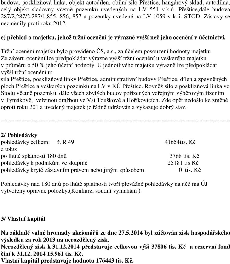 e) přehled o majetku, jehož tržní ocenění je výrazně vyšší než jeho ocenění v účetnictví. Tržní ocenění majetku bylo prováděno ČS, a.s.