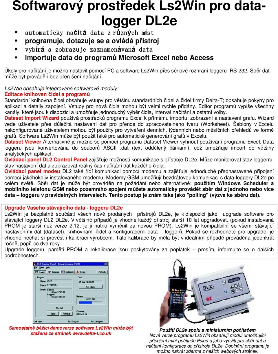 Ls2Win obsahuje integrované softwarové moduly: Editace knihoven čidel a programů Standardní knihovna čidel obsahuje vstupy pro většinu standardních čidel a čidel firmy Delta-T; obsahuje pokyny pro