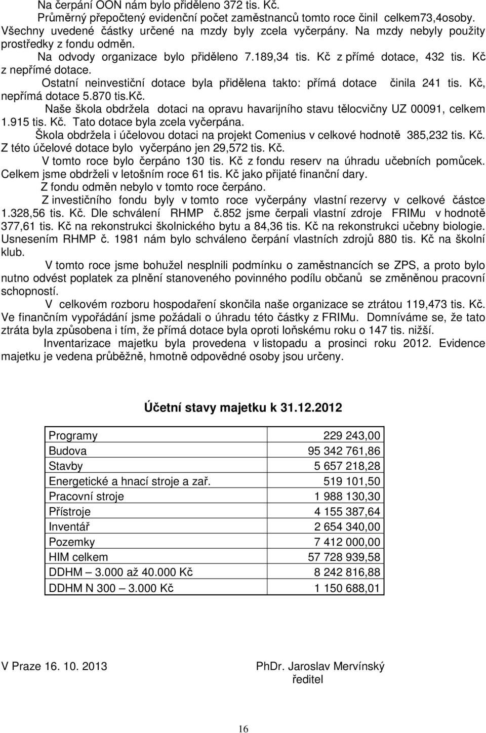 Ostatní neinvestiční dotace byla přidělena takto: přímá dotace činila 241 tis. Kč, nepřímá dotace 5.870 tis.kč. Naše škola obdržela dotaci na opravu havarijního stavu tělocvičny UZ 00091, celkem 1.