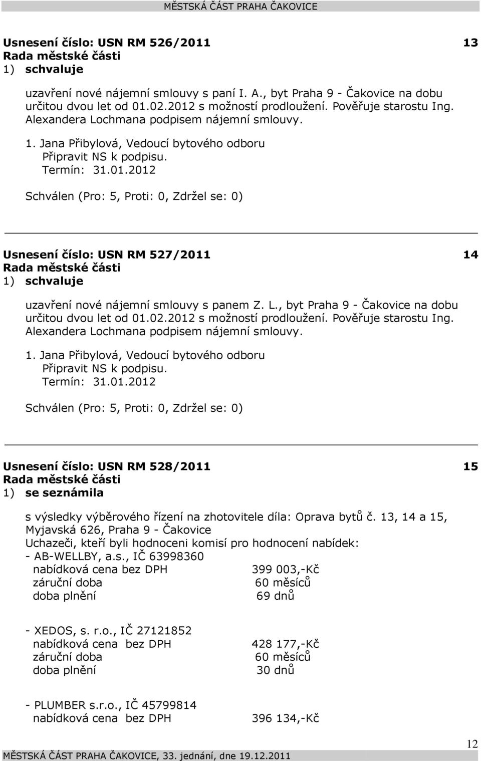 L., byt Praha 9 - Čakovice na dobu určitou dvou let od 01.02.2012 s možností prodloužení. Pověřuje starostu Ing. Alexandera Lochmana podpisem nájemní smlouvy. 1.