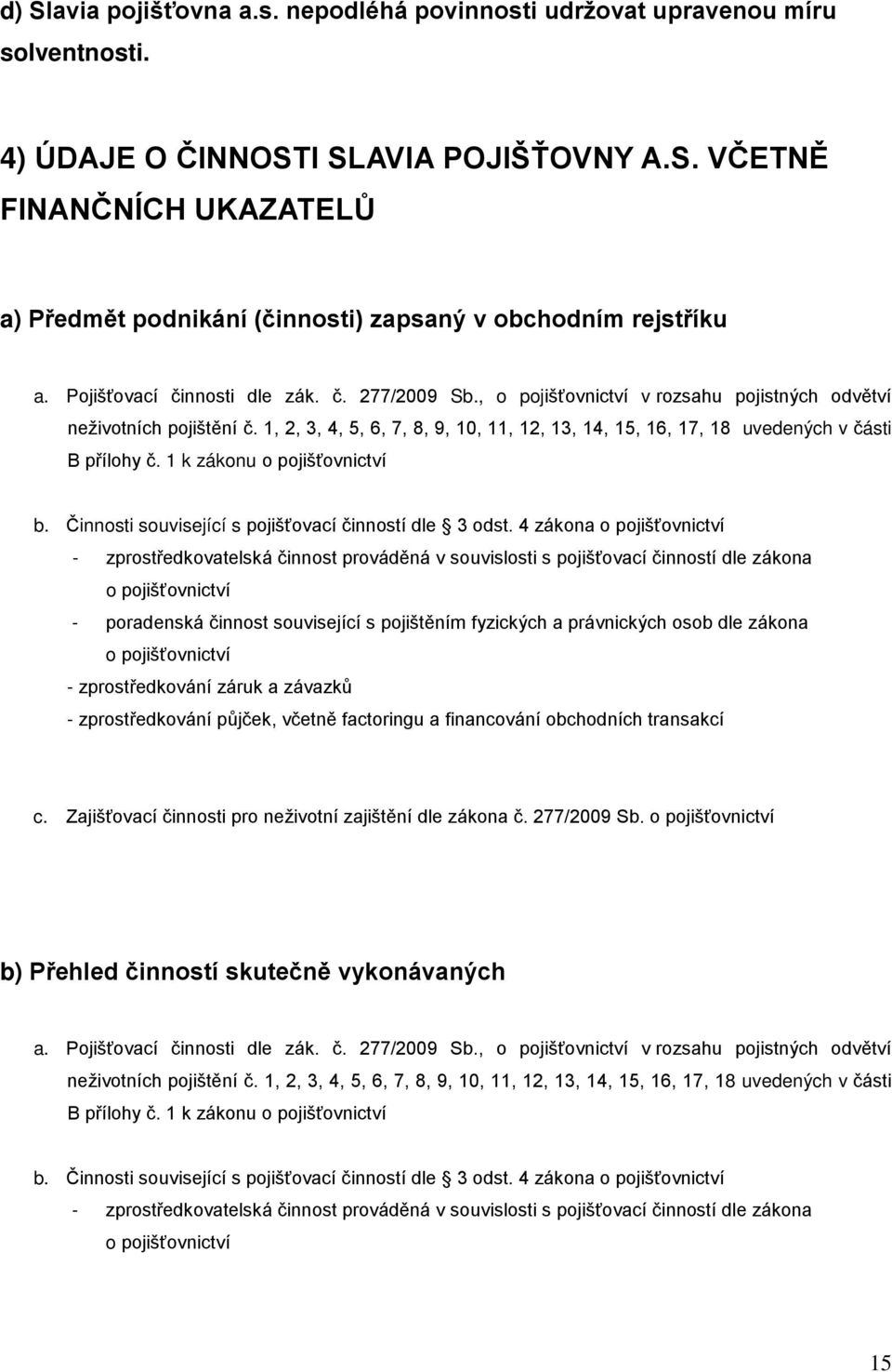 1, 2, 3, 4, 5, 6, 7, 8, 9, 10, 11, 12, 13, 14, 15, 16, 17, 18 uvedených v části B přílohy č. 1 k zákonu o pojišťovnictví b. Činnosti související s pojišťovací činností dle 3 odst.