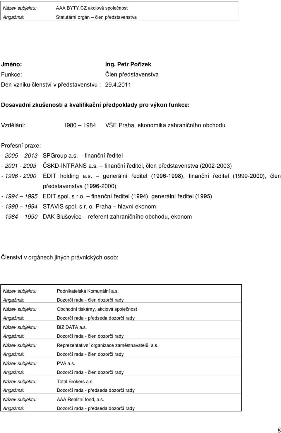 s. finanční ředitel, člen představenstva (2002-2003) - 1996-2000 EDIT holding a.s. generální ředitel (1996-1998), finanční ředitel (1999-2000), člen představenstva (1996-2000) - 1994 1995 EDIT,spol.