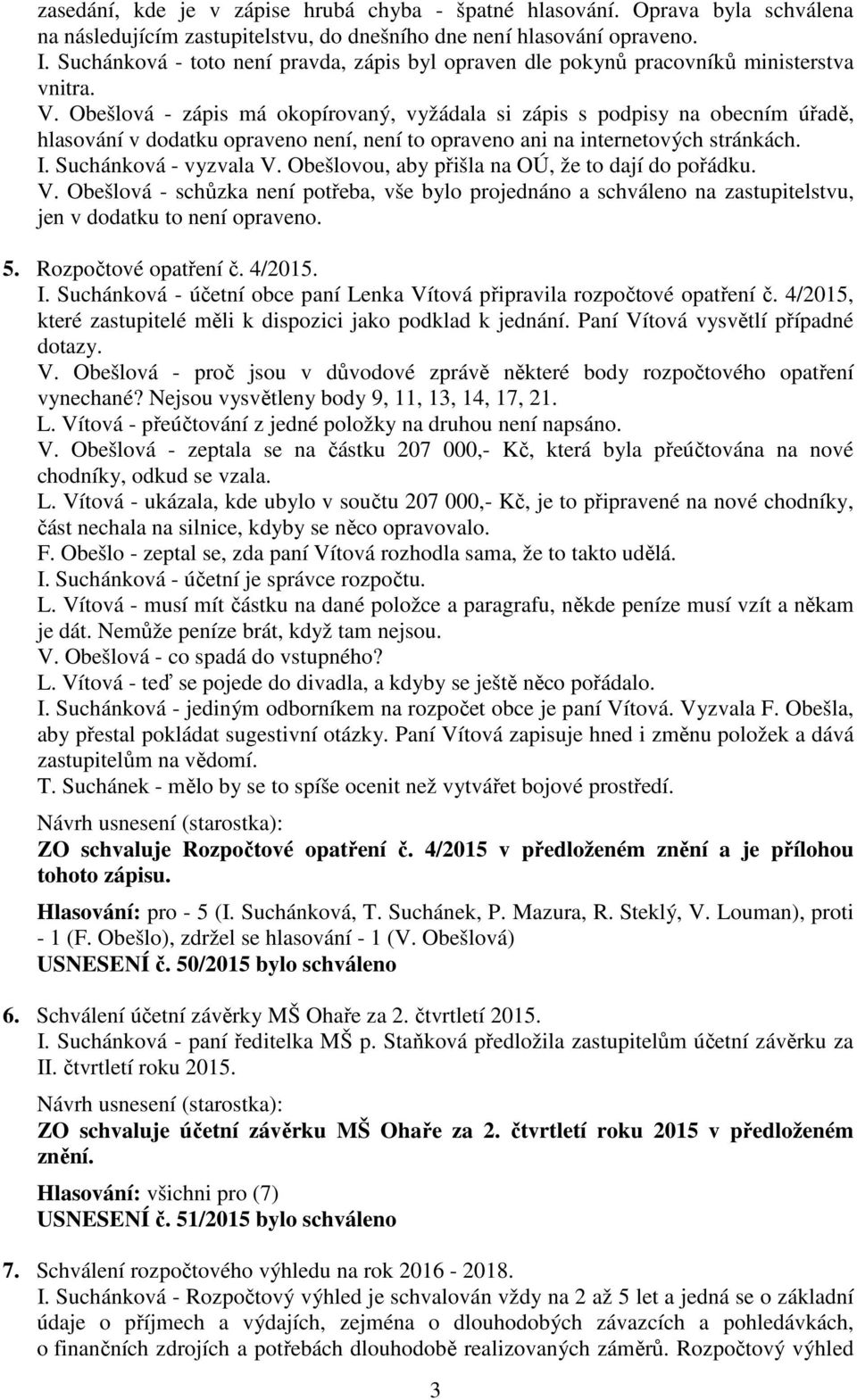 Obešlová - zápis má okopírovaný, vyžádala si zápis s podpisy na obecním úřadě, hlasování v dodatku opraveno není, není to opraveno ani na internetových stránkách. I. Suchánková - vyzvala V.