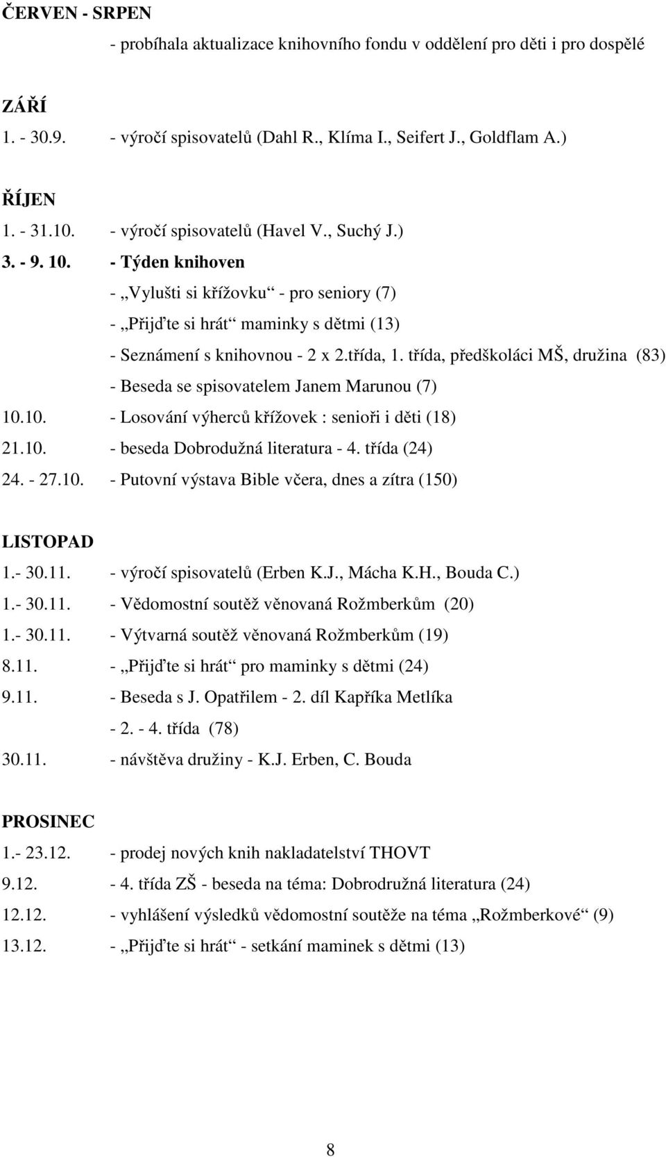 třída, předškoláci MŠ, družina (83) - Beseda se spisovatelem Janem Marunou (7) 10.10. - Losování výherců křížovek : senioři i děti (18) 21.10. - beseda Dobrodužná literatura - 4. třída (24) 24. - 27.