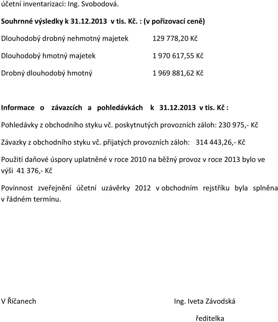 závazcích a pohledávkách k 31.12.2013 v tis. Kč : Pohledávky z obchodního styku vč. poskytnutých provozních záloh: 230 975,- Kč Závazky z obchodního styku vč.