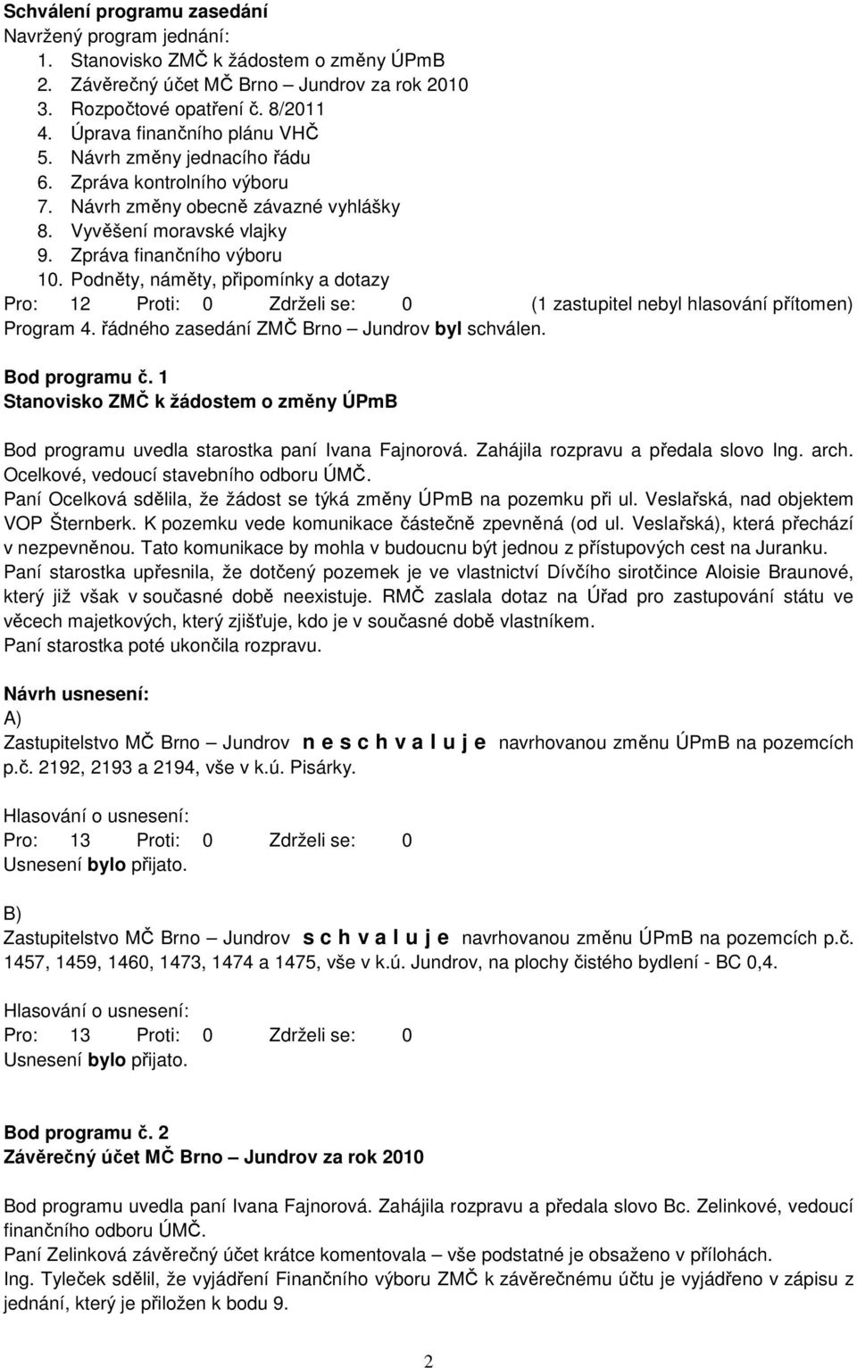 Podněty, náměty, připomínky a dotazy Pro: 12 Proti: 0 Zdrželi se: 0 (1 zastupitel nebyl hlasování přítomen) Program 4. řádného zasedání ZMČ Brno Jundrov byl schválen. Bod programu č.
