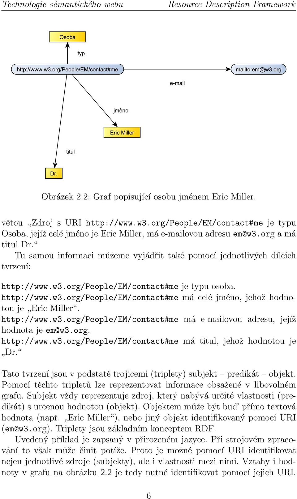 Tu samou informaci můžeme vyjádřit také pomocí jednotlivých dílčích tvrzení: http://www.w3.org/people/em/contact#me je typu osoba. http://www.w3.org/people/em/contact#me má celé jméno, jehož hodnotou je Eric Miller.