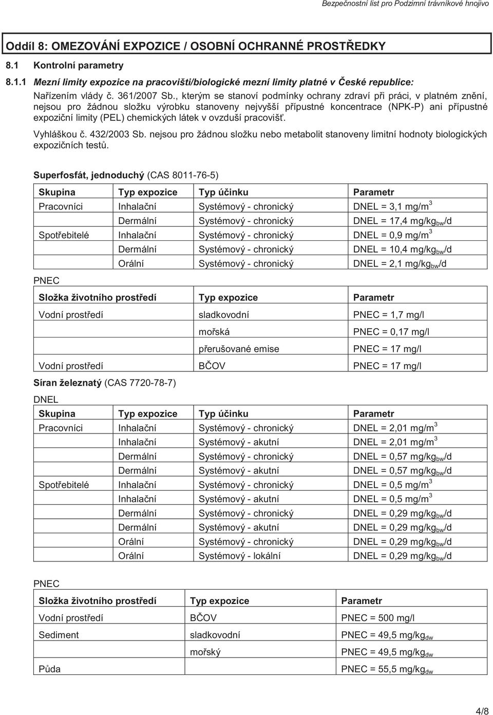 , kterým se stanoví podmínky ochrany zdraví při práci, v platném znění, nejsou pro žádnou složku výrobku stanoveny nejvyšší přípustné koncentrace (NPK-P) ani přípustné expoziční limity (PEL)