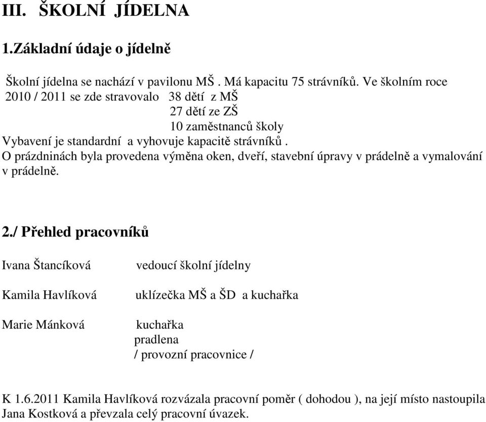 O prázdninách byla provedena výměna oken, dveří, stavební úpravy v prádelně a vymalování v prádelně. 2.