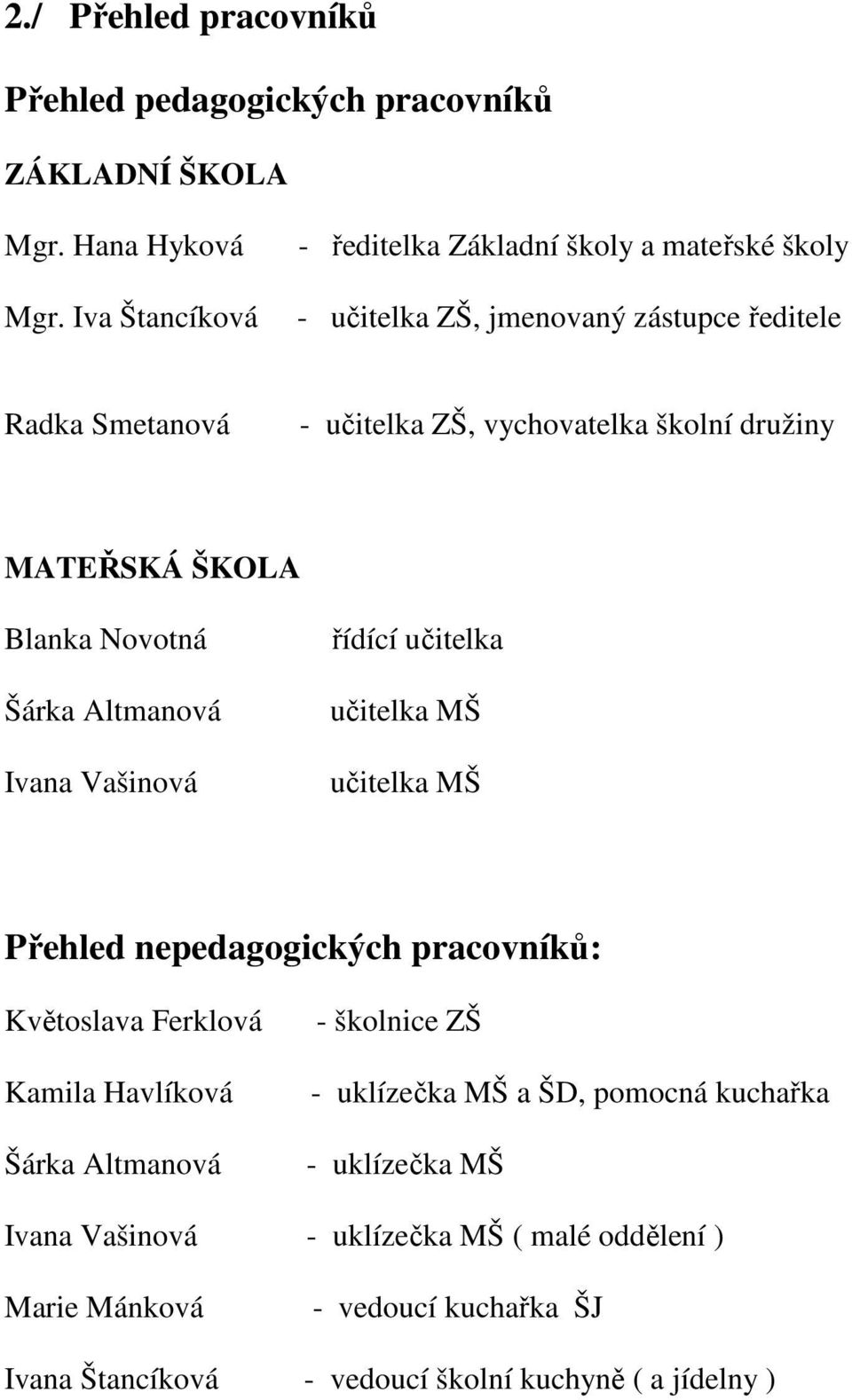 MATEŘSKÁ ŠKOLA Blanka Novotná Šárka Altmanová Ivana Vašinová řídící učitelka učitelka MŠ učitelka MŠ Přehled nepedagogických pracovníků: Květoslava Ferklová