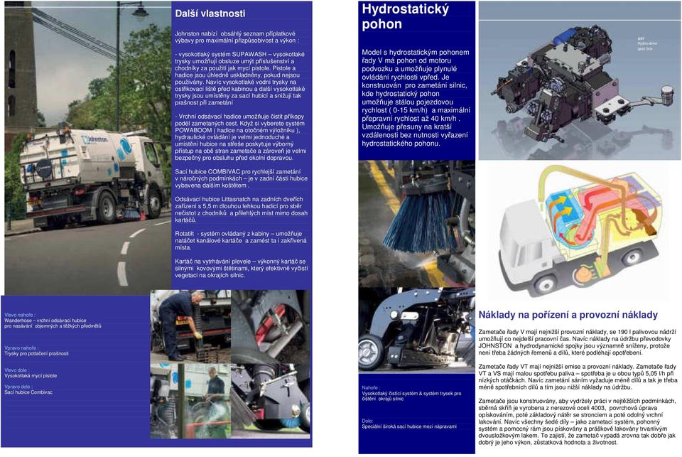 Navíc vysokotlaké vodní trysky na ostřikovací liště před kabinou a další vysokotlaké trysky jsou umístěny za sací hubicí a snižují tak prašnost při zametání - Vrchní odsávací hadice umožňuje čistit
