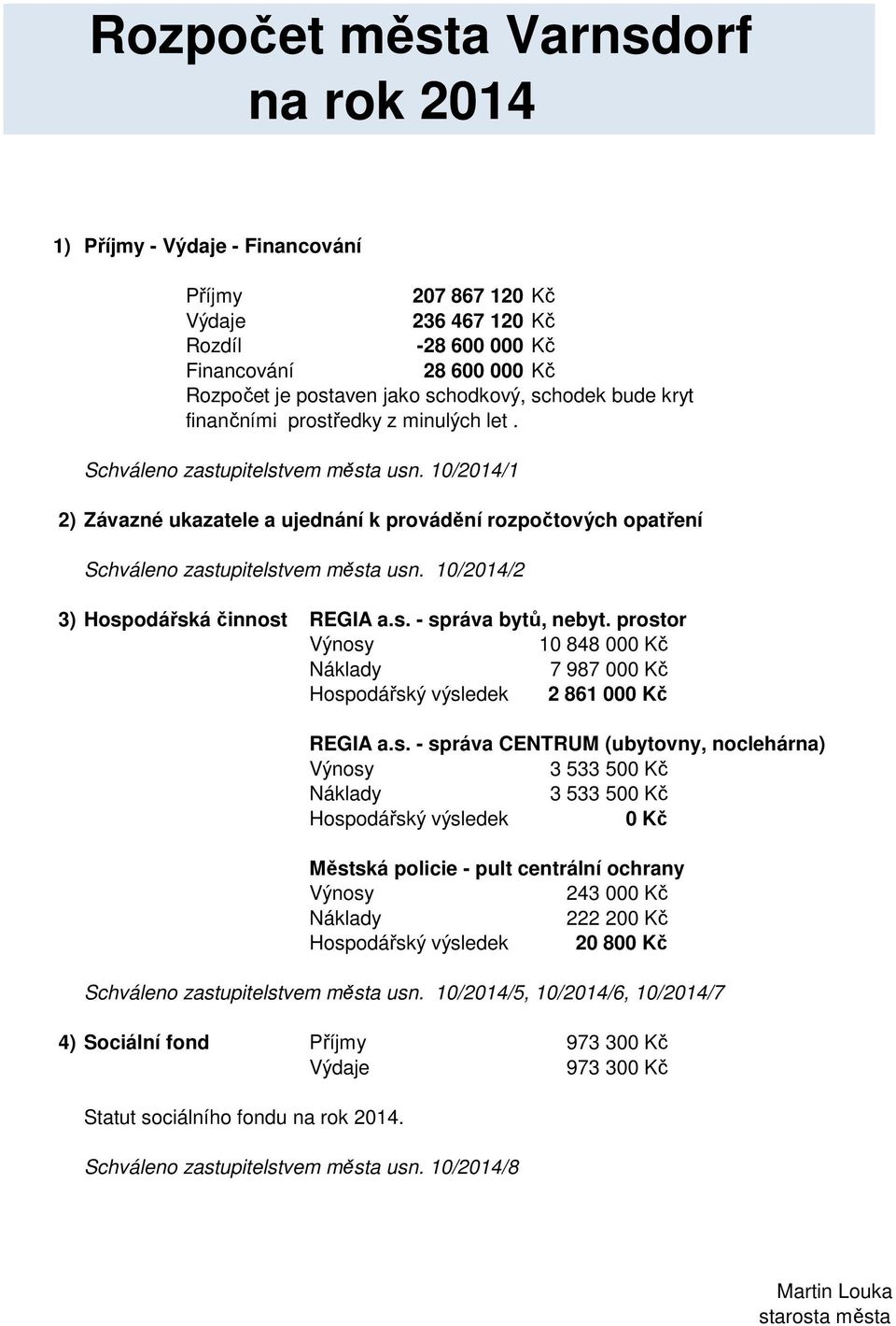 10/2014/1 2) Závazné ukazatele a ujednání k provádění rozpočtových opatření Schváleno zastupitelstvem města usn. 10/2014/2 3) Hospodářská činnost REGIA a.s. - správa bytů, nebyt.