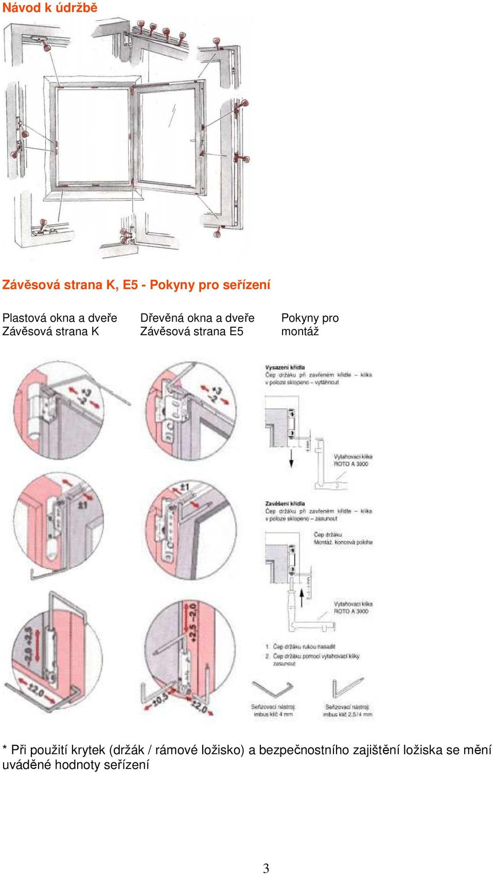 E5 Pokyny pro montáž * Při použití krytek (držák / rámové ložisko)