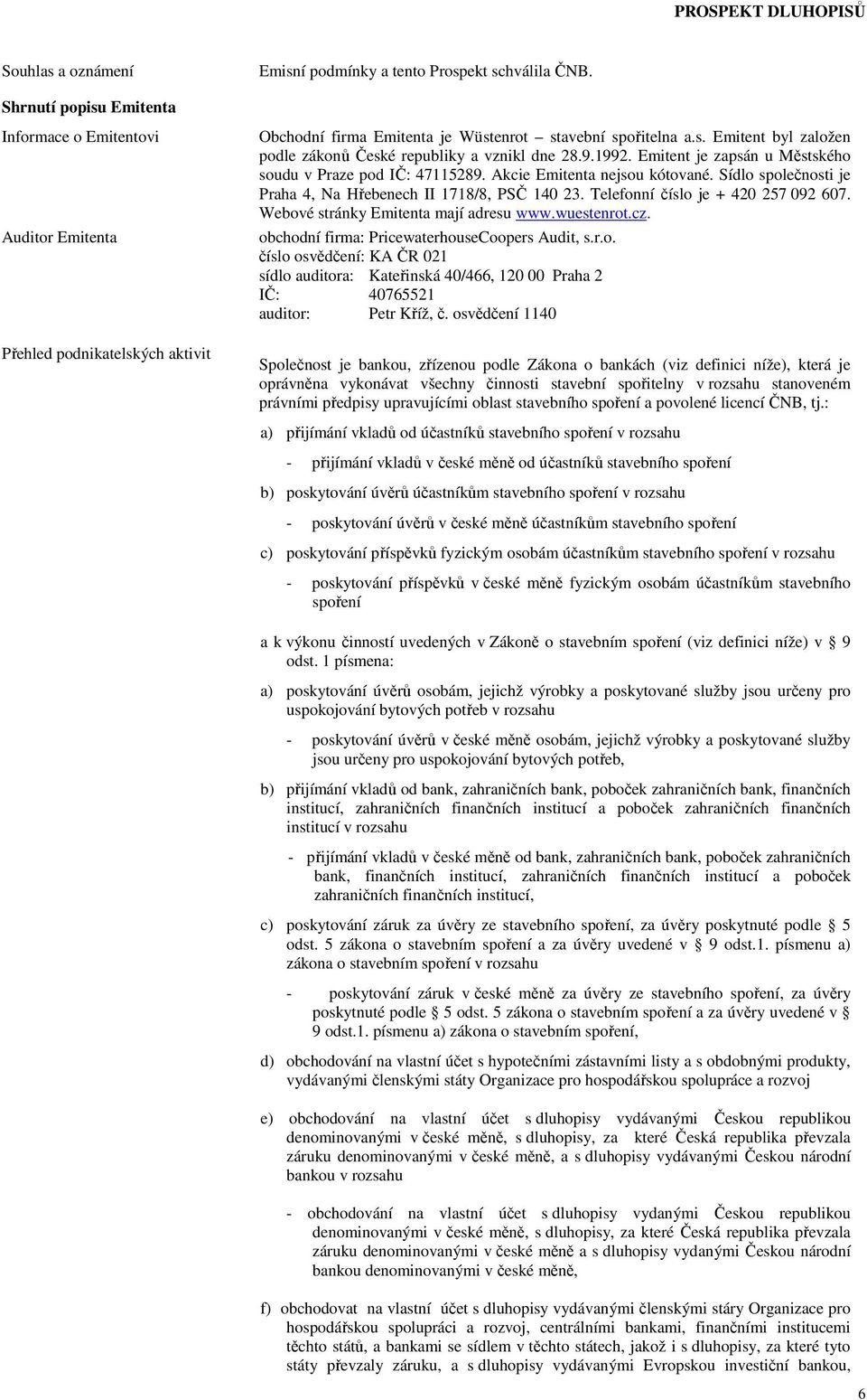 Akcie Emitenta nejsou kótované. Sídlo společnosti je Praha 4, Na Hřebenech II 1718/8, PSČ 140 23. Telefonní číslo je + 420 257 092 607. Webové stránky Emitenta mají adresu www.wuestenrot.cz.