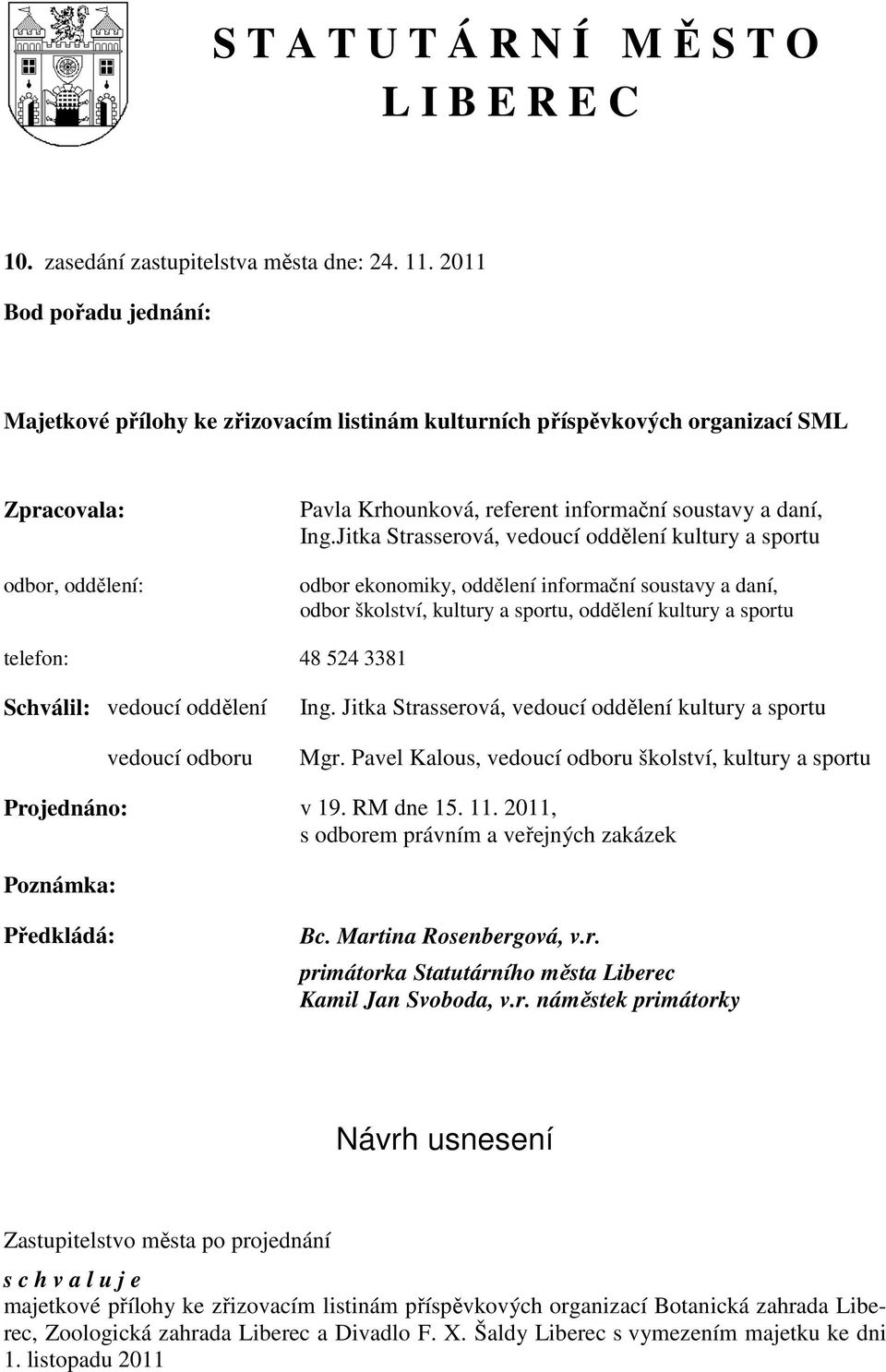 Jitka Strasserová, vedoucí oddělení kultury a sportu odbor ekonomiky, oddělení informační soustavy a daní, odbor školství, kultury a sportu, oddělení kultury a sportu telefon: 48 524 3381 Schválil: