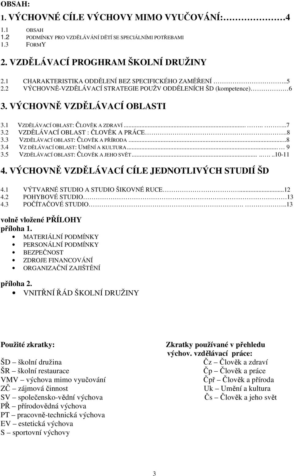 2 VZDĚLÁVACÍ OBLAST : ČLOVĚK A PRÁCE.8 3.3 VZDĚLÁVACÍ OBLAST: ČLOVĚK A PŘÍRODA...8 3.4 VZ DĚLÁVACÍ OBLAST: UMĚNÍ A KULTURA... 9 3.5 VZDĚLÁVACÍ OBLAST: ČLOVĚK A JEHO SVĚT........10-11 4.