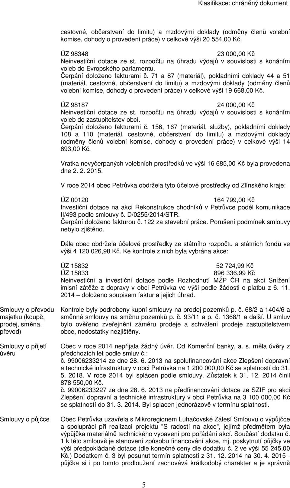 71 a 87 (materiál), pokladními doklady 44 a 51 (materiál, cestovné, občerstvení do limitu) a mzdovými doklady (odměny členů volební komise, dohody o provedení práce) v celkové výši 19 668,00 Kč.