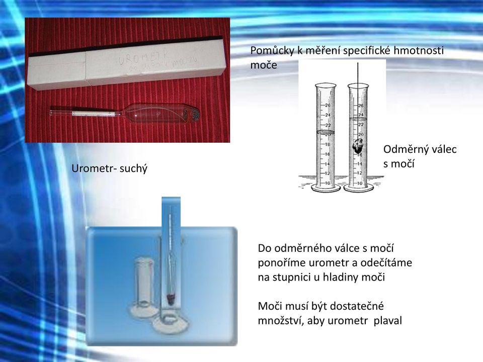 ponoříme urometr a odečítáme na stupnici u hladiny