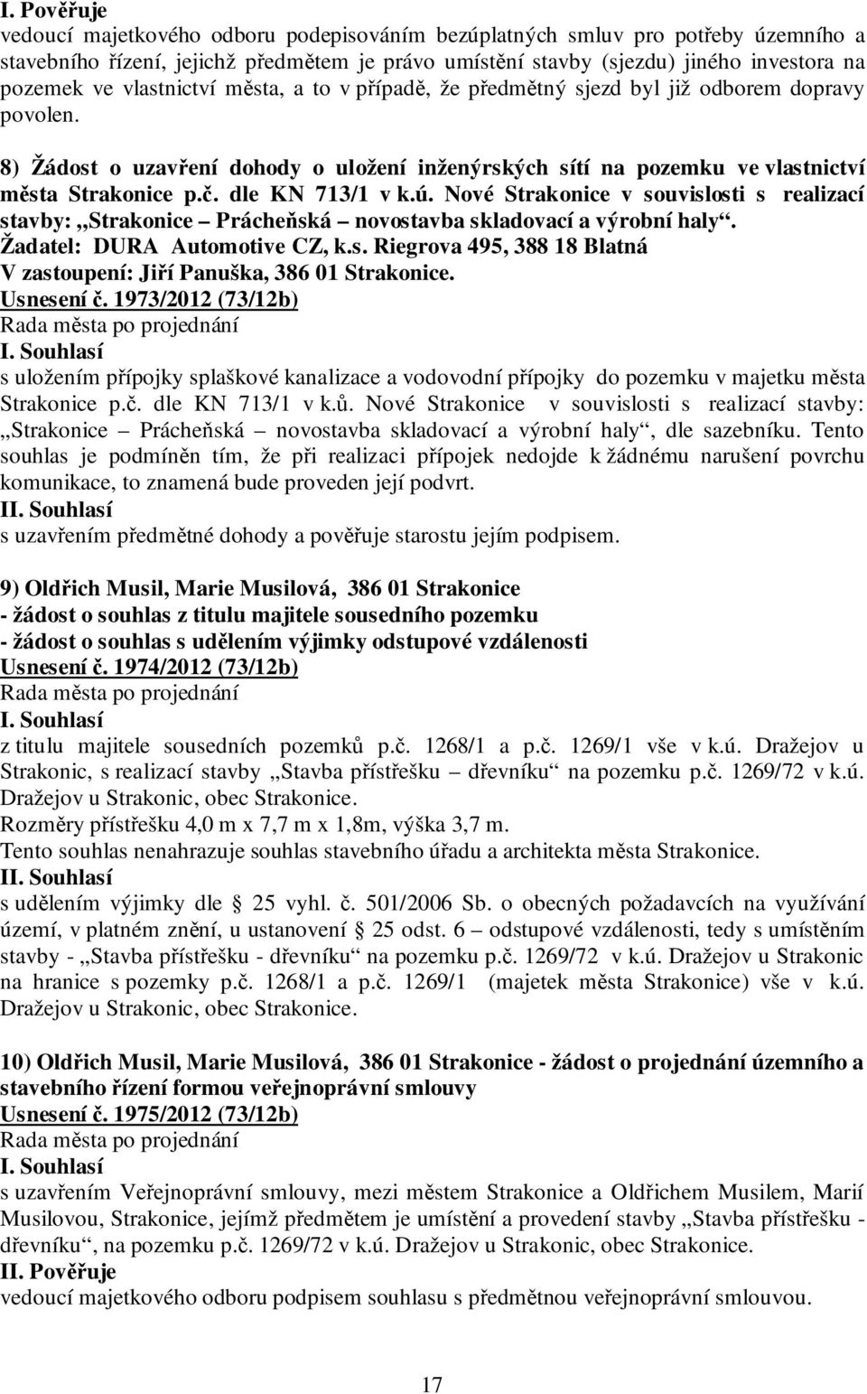 dle KN 713/1 v k.ú. Nové Strakonice v souvislosti s realizací stavby: Strakonice Prácheňská novostavba skladovací a výrobní haly. Žadatel: DURA Automotive CZ, k.s. Riegrova 495, 388 18 Blatná V zastoupení: Jiří Panuška, 386 01 Strakonice.