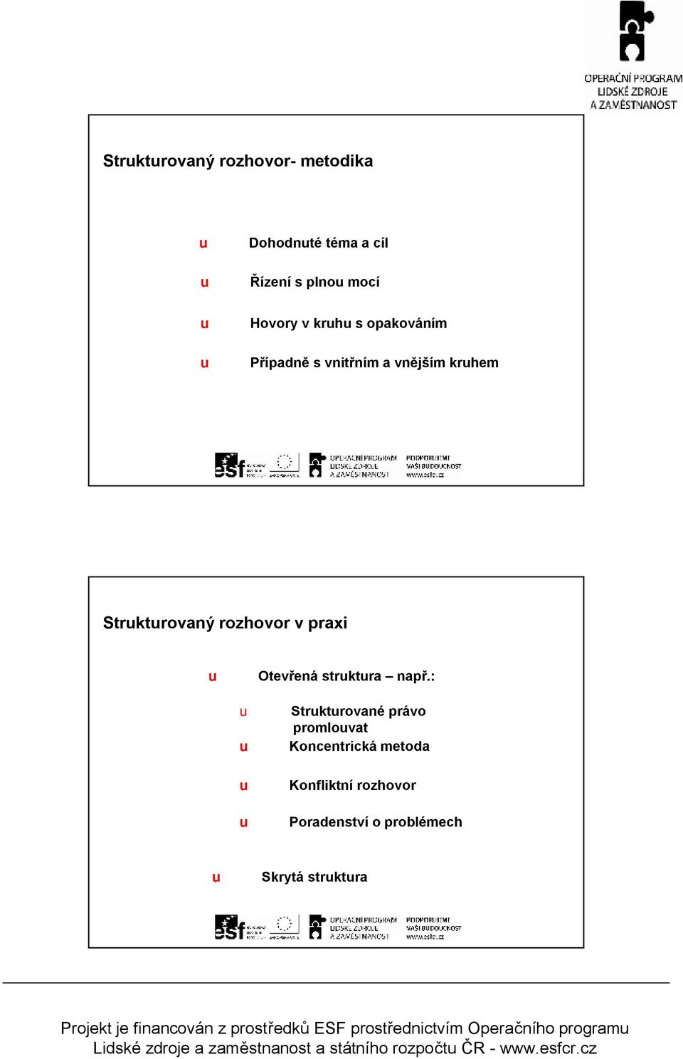 : Strktrované právo promlovat Koncentrická metoda Konfliktní rozhovor Poradenství o problémech Skrytá