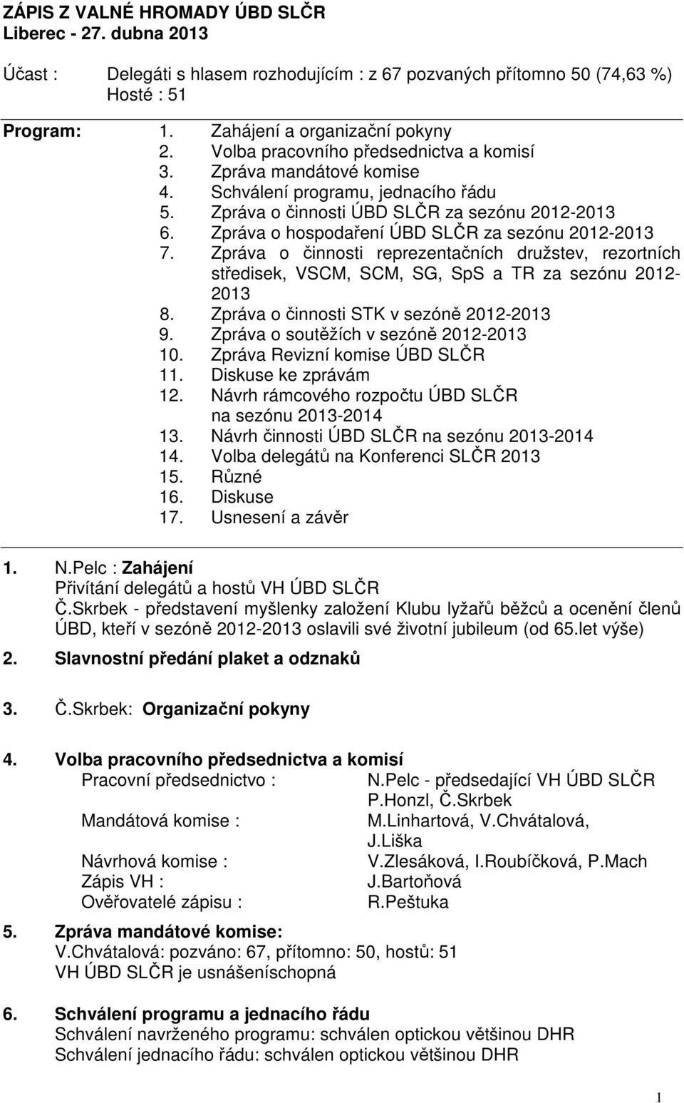 Zpráva o hospodaření ÚBD SLČR za sezónu 2012-2013 7. Zpráva o činnosti reprezentačních družstev, rezortních středisek, VSCM, SCM, SG, SpS a TR za sezónu 2012-2013 8.