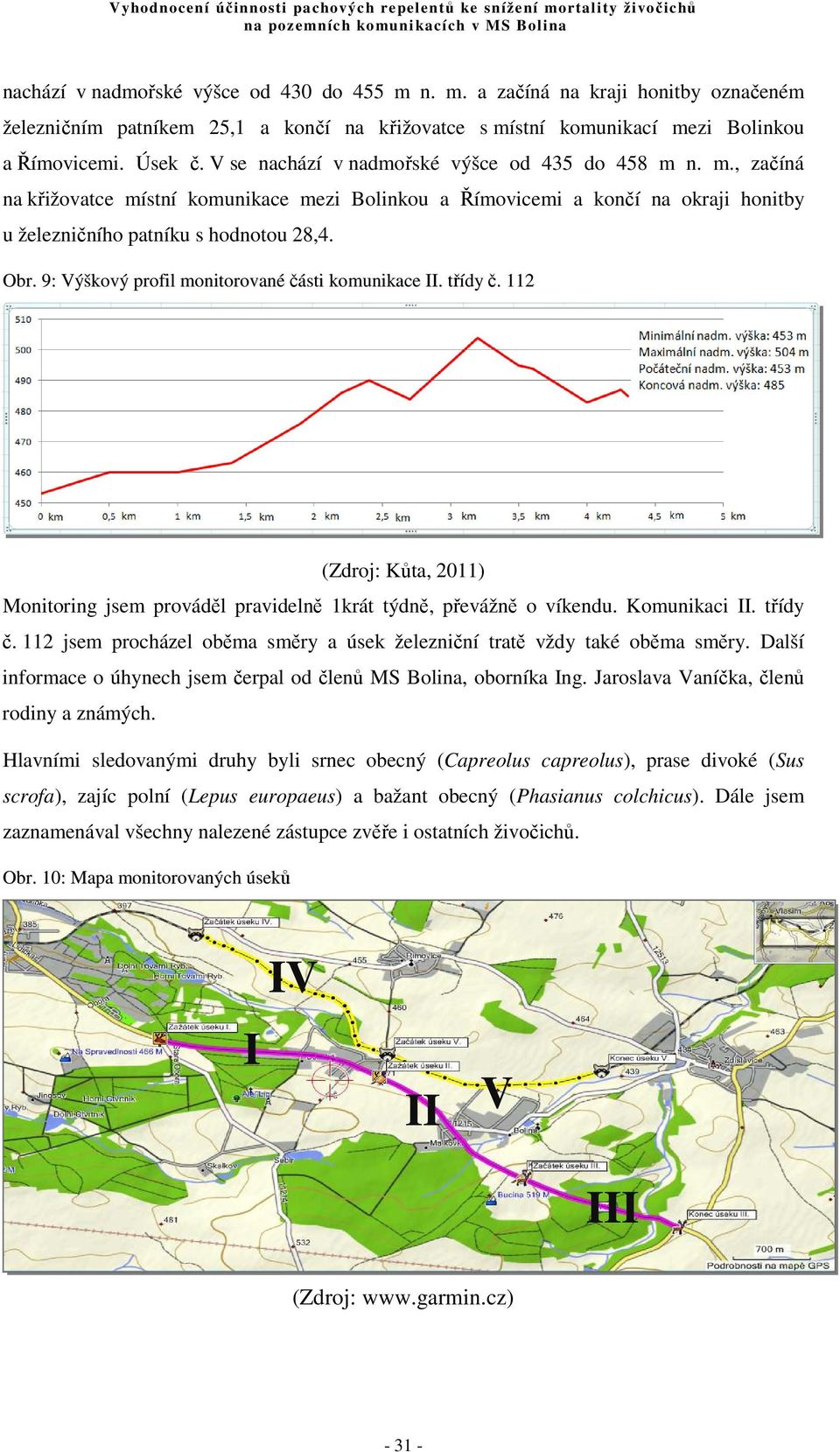 9: Výškový profil monitorované části komunikace II. třídy č. 112 (Zdroj: Kůta, 2011) Monitoring jsem prováděl pravidelně 1krát týdně, převážně o víkendu. Komunikaci II. třídy č. 112 jsem procházel oběma směry a úsek železniční tratě vždy také oběma směry.
