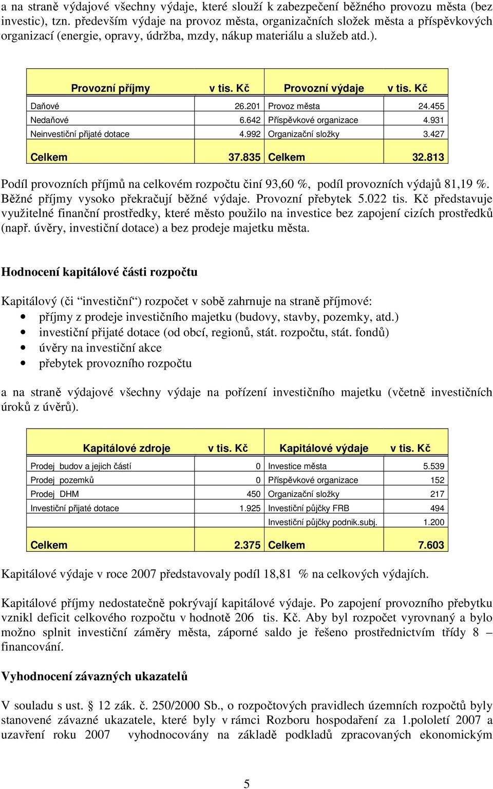 Kč Daňové 26.201 Provoz města 24.455 Nedaňové 6.642 Příspěvkové organizace 4.931 Neinvestiční přijaté dotace 4.992 Organizační složky 3.427 Celkem 37.835 Celkem 32.