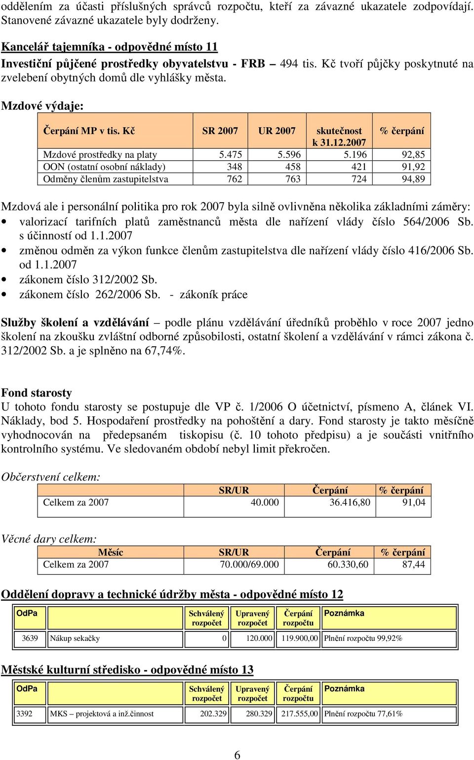 Mzdové výdaje: Čerpání MP v tis. Kč SR 2007 UR 2007 skutečnost % čerpání k 31.12.2007 Mzdové prostředky na platy 5.475 5.596 5.