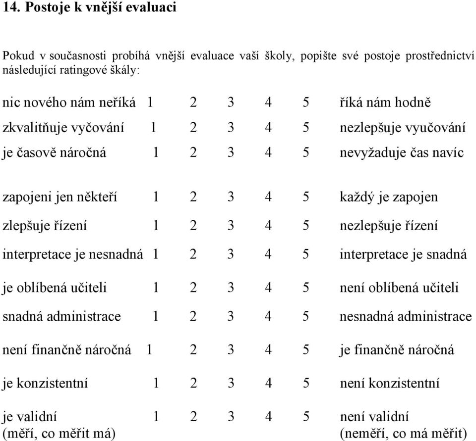 řízení 1 2 3 4 5 nezlepšuje řízení interpretace je nesnadná 1 2 3 4 5 interpretace je snadná je oblíbená učiteli 1 2 3 4 5 není oblíbená učiteli snadná administrace 1 2 3 4 5