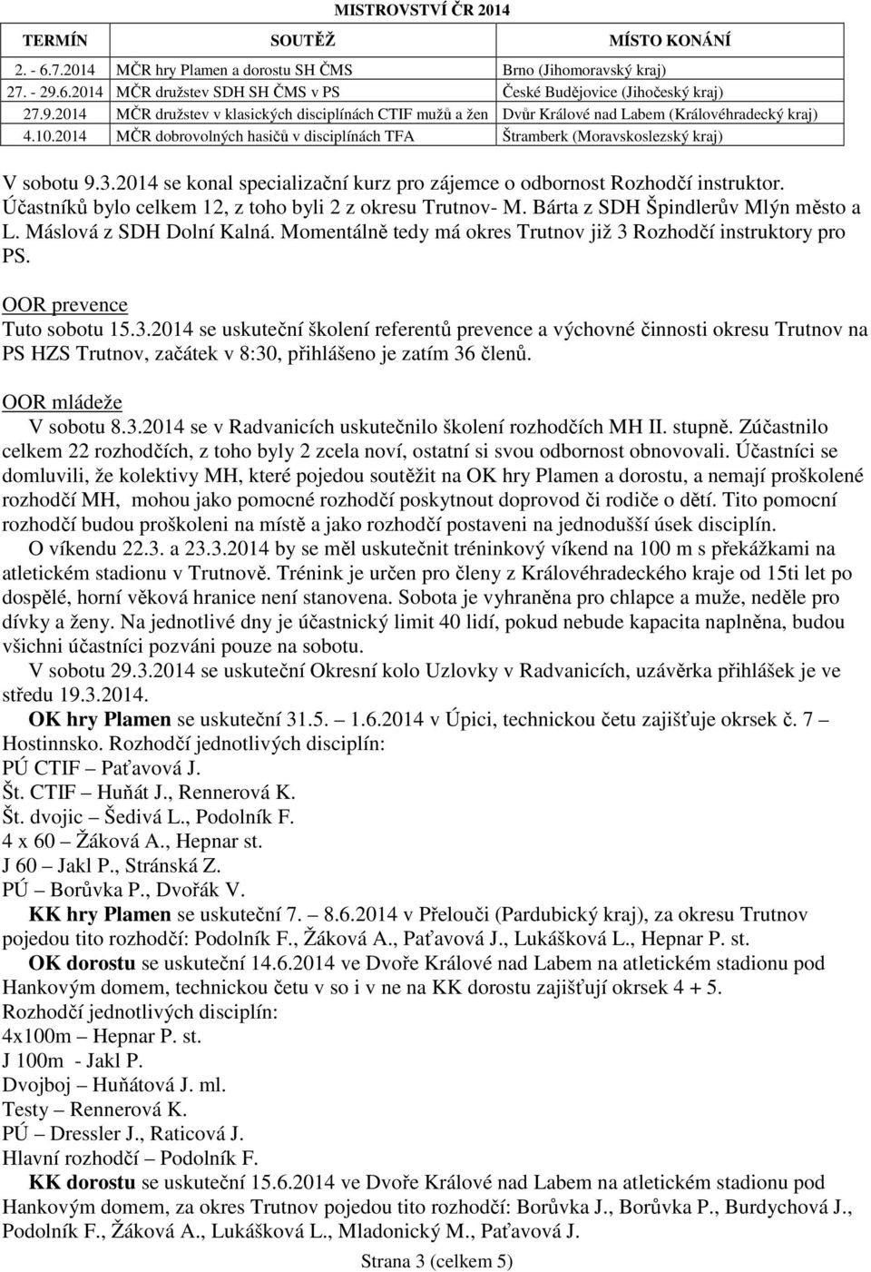 2014 MČR dobrovolných hasičů v disciplínách TFA Štramberk (Moravskoslezský kraj) V sobotu 9.3.2014 se konal specializační kurz pro zájemce o odbornost Rozhodčí instruktor.