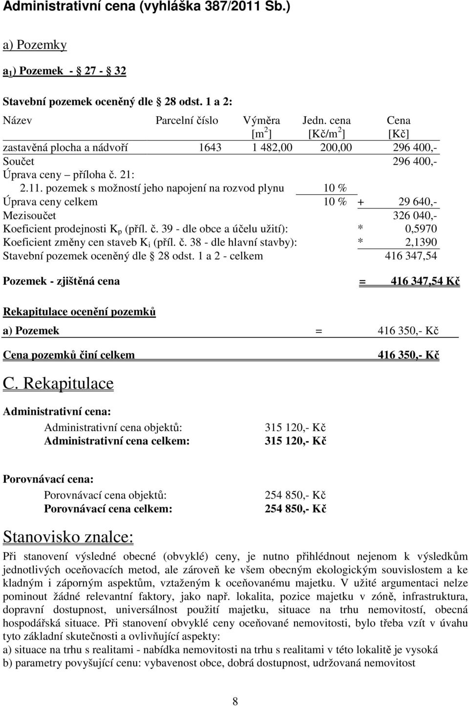 pozemek s možností jeho napojení na rozvod plynu 10 % Úprava ceny celkem 10 % + 29 640,- Mezisoučet 326 040,- Koeficient prodejnosti K p (příl. č.