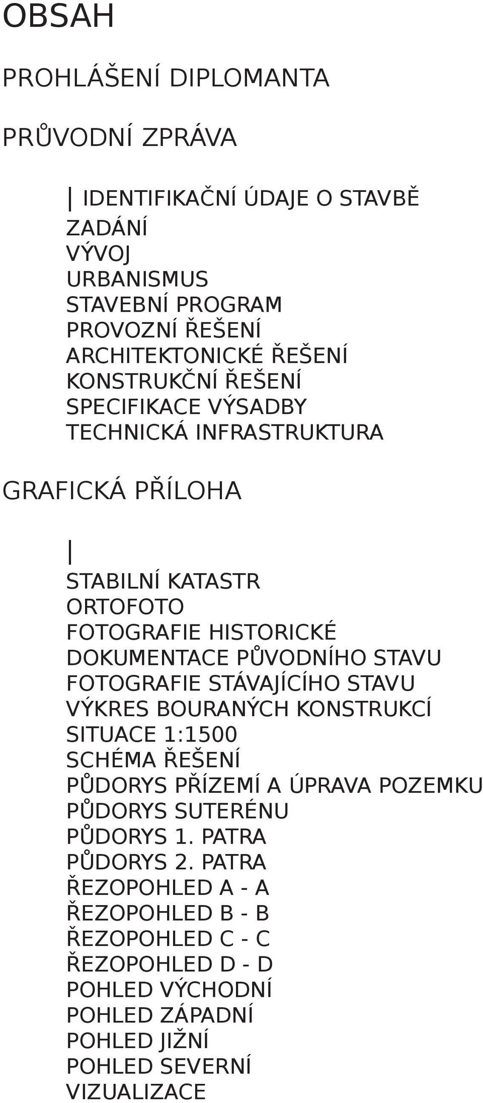 STAVU FOTOGRAFIE STÁVAJÍCÍHO STAVU VÝKRES BOURANÝCH KONSTRUKCÍ SITUACE 1:1500 SCHÉMA ŘEŠENÍ PŮDORYS PŘÍZEMÍ A ÚPRAVA POZEMKU PŮDORYS SUTERÉNU PŮDORYS 1.