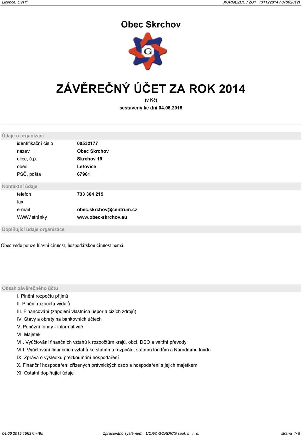 eu Doplňující údaje organizace Obec vede pouze hlavní činnost, hospodářskou činnost nemá. Obsah závěrečného účtu I. Plnění rozpočtu příjmů II. Plnění rozpočtu výdajů III.