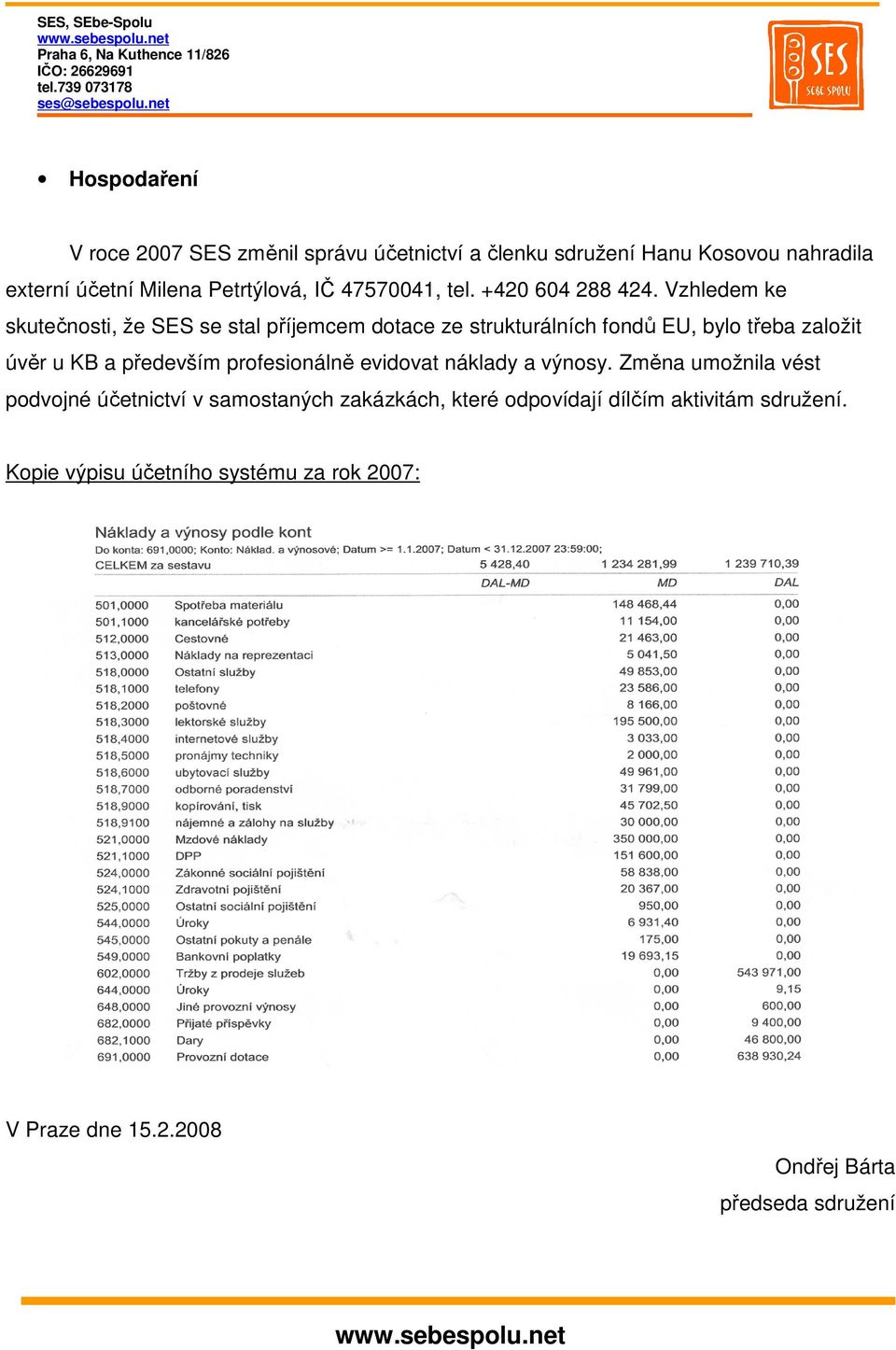 Vzhledem ke skutečnosti, že SES se stal příjemcem dotace ze strukturálních fondů EU, bylo třeba založit úvěr u KB a především