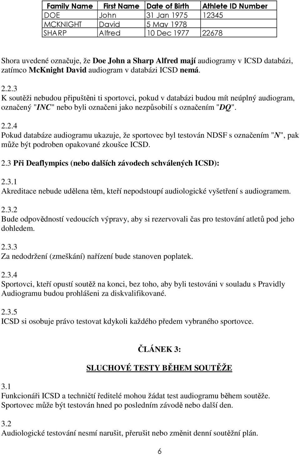 2.3 K soutěži nebudou připuštěni ti sportovci, pokud v databázi budou mít neúplný audiogram, označený "INC" nebo byli označeni jako nezpůsobilí s označením "DQ". 2.2.4 Pokud databáze audiogramu ukazuje, že sportovec byl testován NDSF s označením "N", pak může být podroben opakované zkoušce ICSD.