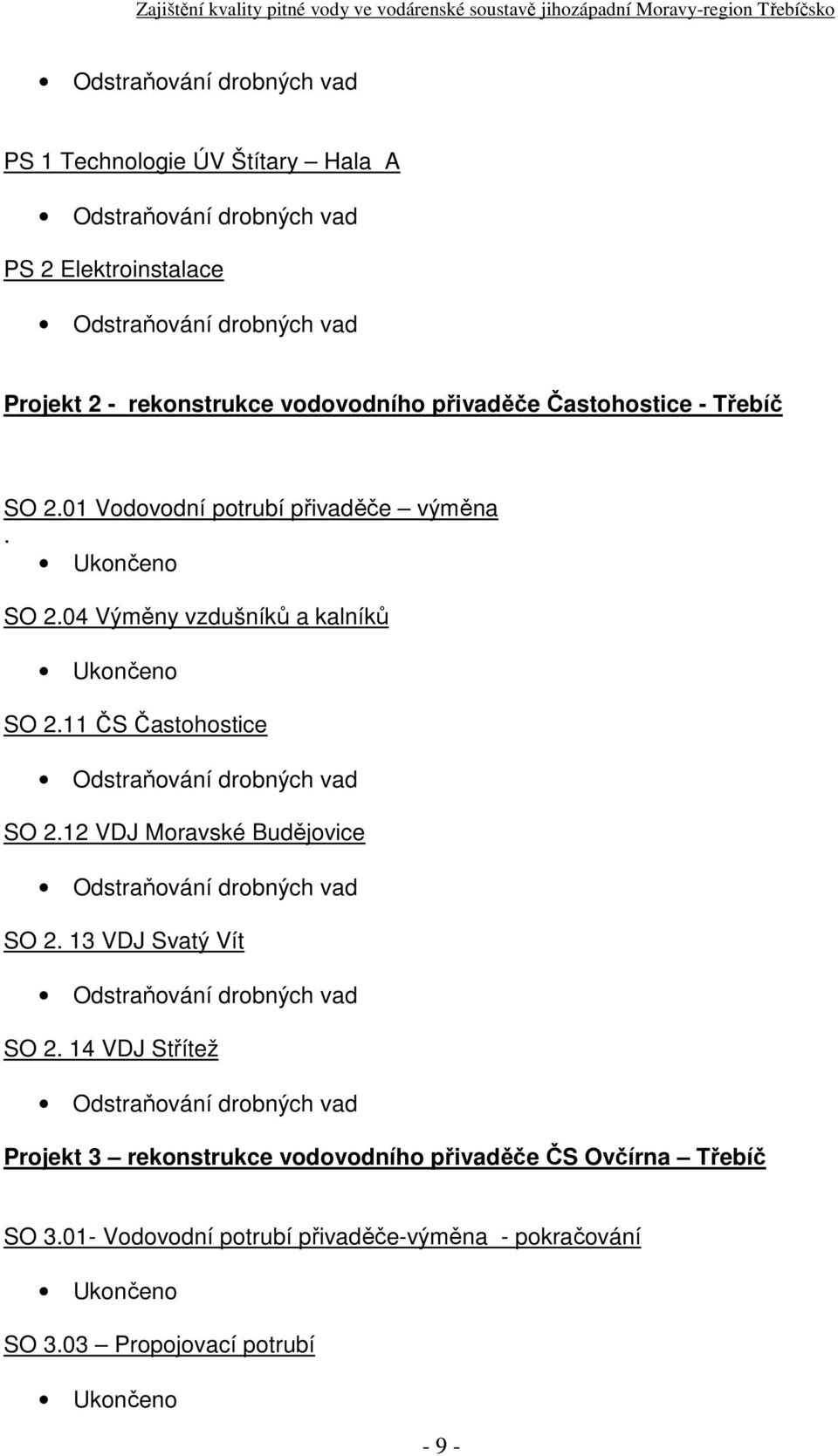 11 ČS Častohostice SO 2.12 VDJ Moravské Budějovice SO 2. 13 VDJ Svatý Vít SO 2.