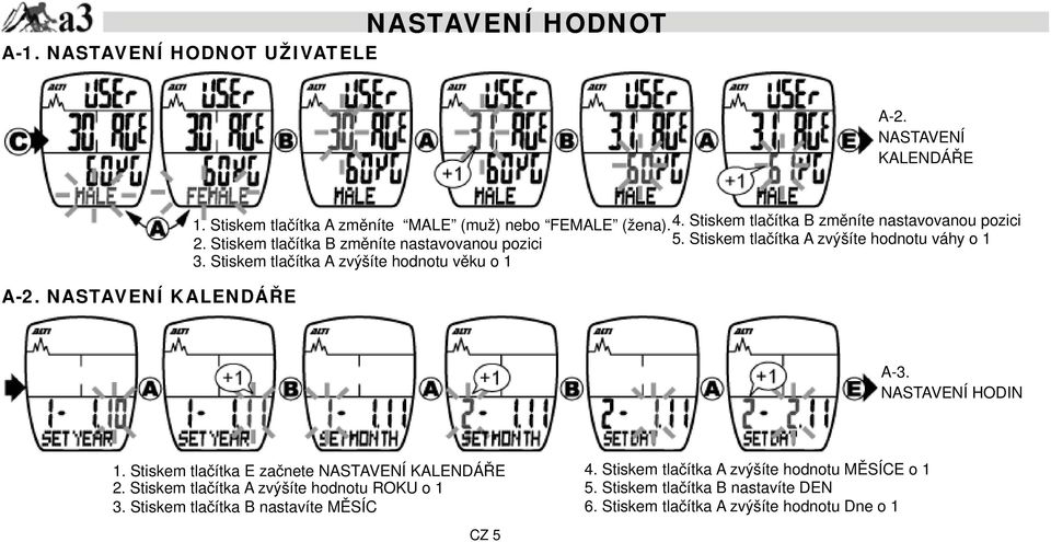 Stiskem tlačítka A zvýšíte hodnotu věku o 1 A-3. NASTAVENÍ HODIN 1. Stiskem tlačítka E začnete NASTAVENÍ KALENDÁŘE 2.