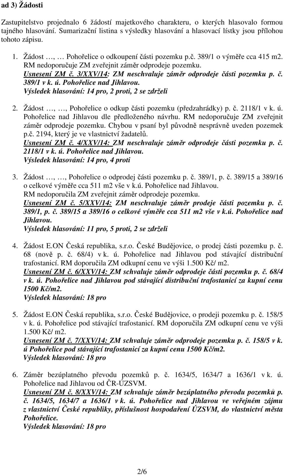 RM nedoporučuje ZM zveřejnit záměr odprodeje pozemku. Usnesení ZM č. 3/XXV/14: ZM neschvaluje záměr odprodeje části pozemku p. č. 389/1 v k. ú. Pohořelice nad Jihlavou.