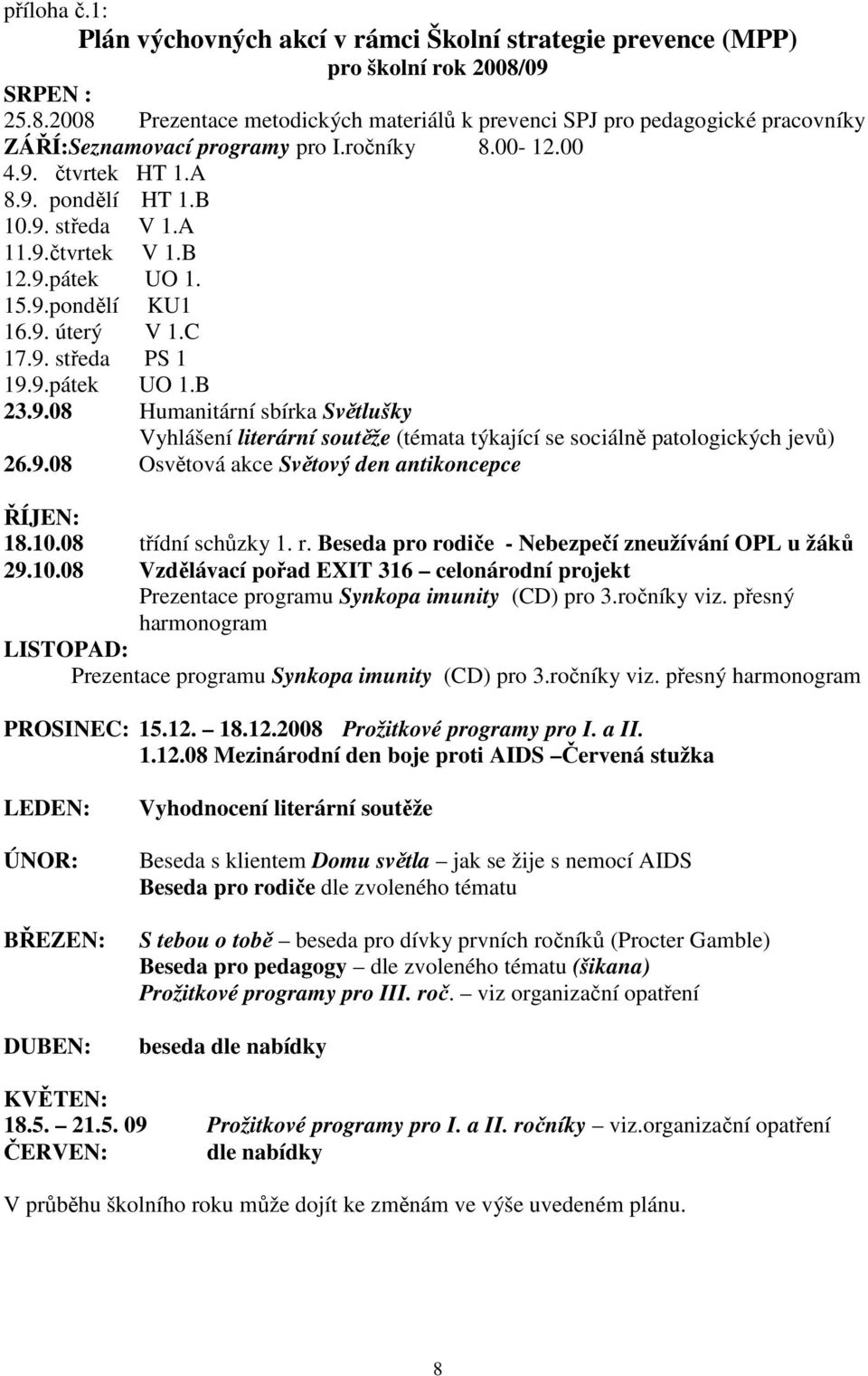 A 11.9.čtvrtek V 1.B 12.9.pátek UO 1. 15.9.pondělí KU1 16.9. úterý V 1.C 17.9. středa PS 1 19.9.pátek UO 1.B 23.9.08 Humanitární sbírka Světlušky Vyhlášení literární soutěže (témata týkající se sociálně patologických jevů) 26.
