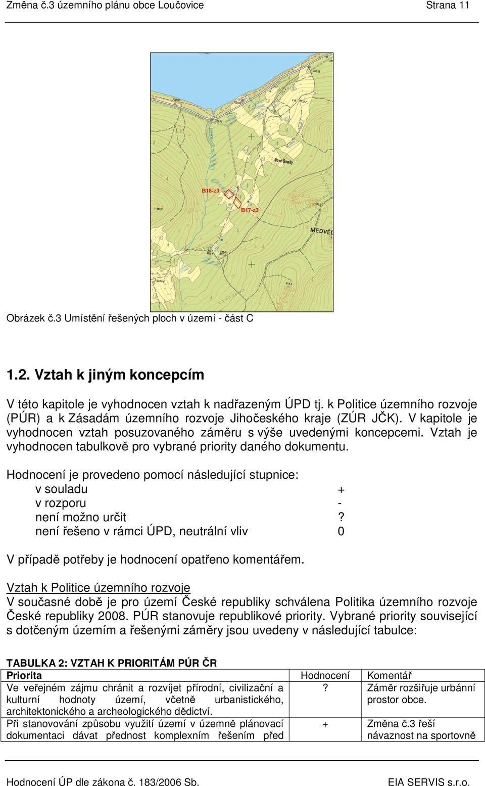 Vztah je vyhodnocen tabulkově pro vybrané priority daného dokumentu. Hodnocení je provedeno pomocí následující stupnice: v souladu + v rozporu - není možno určit?